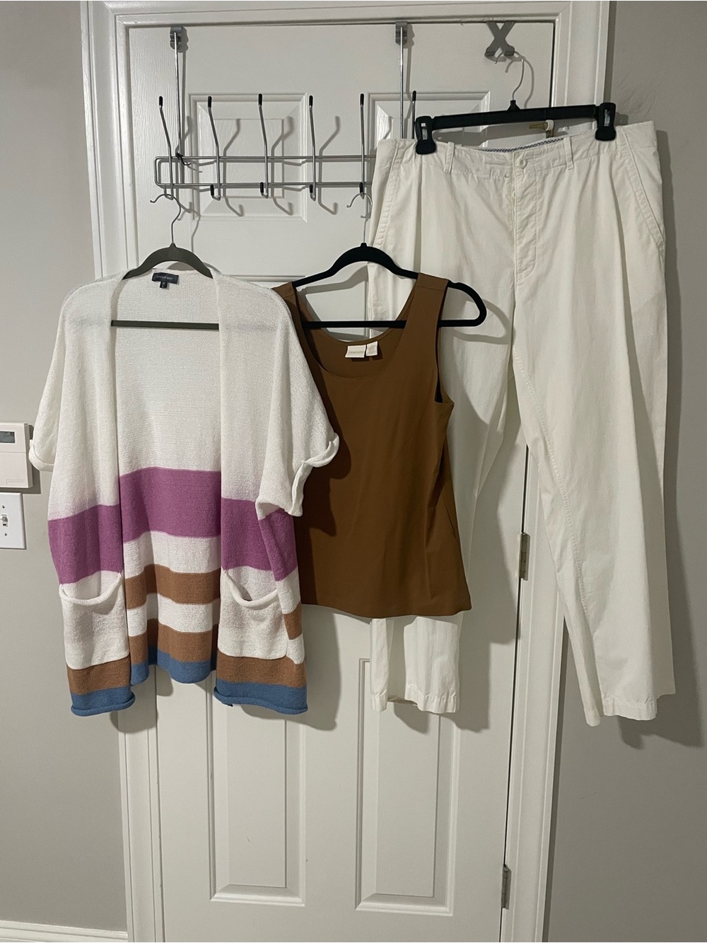 Striped Open-Front Cardigan with Pockets - White, Purple, Brown, Blue